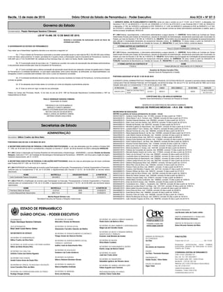 Recife, 13 de maio de 2015 Diário Oficial do Estado de Pernambuco - Poder Executivo Ano XCII • NÀ 87-3
Governo do Estado
Governador: Paulo Henrique Saraiva Câmara
LEI Nº 15.496, DE 12 DE MAIO DE 2015.
Autoriza a concessão de subvenção social em favor da
entidade que indica.
O GOVERNADOR DO ESTADO DE PERNAMBUCO:
Faço saber que a Assembleia Legislativa decretou e eu sanciono a seguinte Lei:
Art. 1º Fica o Estado de Pernambuco autorizado a conceder subvenção social no valor total de R$ 2.100.000.000 (dois milhões
e cem mil reais), pelos próximos 12 meses, parcelada em 4 (quatro) vezes, à Associação Casa do Estudante de Pernambuco, inscrita no
CNPJ/MF sob o nº 03.319.897/0001-09, sediada na Rua Henrique Dias, s/n, bairro do Derby, Recife, neste Estado.
Art. 2º A subvenção social de que trata o art. 1º destina-se a auxiliar nos custos da manutenção das atividades administrativas
e educacionais desenvolvidas pela Casa do Estudante de Pernambuco.
Art. 3º Como condição para a efetiva concessão da subvenção social deverá ser celebrado contrato de gestão entre o Estado
de Pernambuco e a entidade beneﬁciária, no qual sejam estipuladas, entre outros requisitos, as atribuições, as responsabilidades e as
obrigações a serem cumpridas pela entidade, bem como o prazo da respectiva concessão.
Art. 4º A entidade beneﬁciária deverá prestar contas dos recursos recebidos do Estado de Pernambuco, na forma prevista em
contrato de gestão.
Art. 5º As despesas decorrentes desta Lei correrão por conta de dotações orçamentárias próprias.
Art. 6° Esta Lei entra em vigor na data de sua publicação.
Palácio do Campo das Princesas, Recife, 12 de maio do ano de 2015, 199º da Revolução Republicana Constitucionalista e 193º da
Independência do Brasil.
PAULO HENRIQUE SARAIVA CÂMARA
Governador do Estado
FREDERICO DA COSTA AMÂNCIO
MARCELO CANUTO MENDES
MÁRCIO STEFANNI MONTEIRO MORAIS
MILTON COELHO DA SILVA NETO
DANILO JORGE DE BARROS CABRAL
ANTÔNIO CÉSAR CAÚLA REIS
Secretarias de Estado
ADMINISTRAÇ‹O
Secretário: Milton Coelho da Silva Neto
PORTARIAS SAD DO DIA 12 DE MAIO DE 2015
A SECRETÁRIA EXECUTIVA DE PESSOAL E RELAÇÕES INSTITUCIONAIS, no uso das atribuições que lhe confere a Portaria SAD
nº. 1000, de 16 de abril de 2014 e considerando o disposto no Decreto nº. 25.261, de 28 de fevereiro de 2003 e alterações RESOLVE:
Nº 1.353-Colocar à disposição da Empresa Brasileira de Hemoderivados e Biotecnologia - HEMOBRÁS, o servidor Divaldo de Almeida
Sampaio, matrícula nº 1511, da Fundação de Hematologia e Hemoterapia de Pernambuco - HEMOPE, com ônus para o órgão de origem,
mediante ressarcimento, até 31.12.2015.
A SECRETÁRIA EXECUTIVA DE PESSOAL E RELAÇÕES INSTITUCIONAIS, tendo em vista as atribuições que lhe foram conferidas
pela Portaria SAD Nº 1.000, de 16.04.2014, resolve:
Nº 1.354-DISPENSAR da Gratiﬁcação de Incentivo pela Participação na Execução, Processamento e Controle Orçamentário e Financeiro,
instituída pela Lei Complementar nº 85, de 31.03.2006, e regulamentada pelo Decreto nº 33.721, de 03.08.2009, ao servidor abaixo
relacionado:
NOME MATRÍCULA ORGÃO/ENTIDADE A PARTIR DE
Carla Cavalcante Passos Gonçalves 324.648-5 SAD 01/02/2015
Nº 1.355-ATRIBUIR a Gratiﬁcação de Incentivo pela Participação na Execução, Processamento e Controle Orçamentário e Financeiro,
instituída pela Lei Complementar nº 85, de 31.03.2006, e regulamentada pelo Decreto nº 33.721, de 03.08.2009, aos servidores abaixo
relacionados:
NOME MATRÍCULA ORGÃO/ENTIDADE A PARTIR DE
Francisca Uilany de Souza 12.513-0 DER 01/05/2015
Lorena Mascarenhas Vasconcelos 299.713-4 SAD 01/05/2015
Marília Raquel Simões Lins
Secretária Executiva de Pessoal e Relações Institucionais
O GERENTE GERAL DE PLANEJAMENTO E GESTÃO, tendo em vista o contido na Lei nº 14.547, de 21/12/2011, e alterações, nos
Decretos nº 39.117, de 08/02/2013, nº 32.310, de 12/09/2008, e nº 37.814, de 27/01/2012, e nas Portarias SAD nº 1000, de 16/04/2014,
e alterações, nº 793, de 14/05/2012, publicada no DOE 15/05/2012, nº 1.235, de 29/06/2012, publicada no DOE de 30/06/2012, e nº 324,
de 07/03/2013, publicada no DOE de 08/03/2013, bem como as demais normas de direito administrativo pertinentes à matéria, após o
devido processo simpliﬁcado, RESOLVE:
Nº 1.356-Publicar, resumidamente, o instrumento administrativo a seguir descrito: 1 – ESPÉCIE: Termo Aditivo ao Contrato por Tempo
Determinado ﬁrmado pelo Estado de Pernambuco, através da Secretaria de Administração, devidamente autorizado pelo Governador do
Estado, por meio do Decreto nº 38.168, de 11/05/2012. 2 – OBJETO: Termo Aditivo de prorrogação de Contratação de pessoal temporário
para atender à necessidade temporária de excepcional interesse público. 3– VIGÊNCIA: 12 (doze) meses a partir de 03/03/2015. 4-
FUNÇÃO: Assistente de Atendimento ao Cidadão de Caruaru. 5 – REGISTRO: 01 (um) Termo Aditivo, conforme abaixo:
II TERMO ADITIVO AO CONTRATO Nº NOME
166/2012 PAULO CESAR RODRIGUES CARVALHAL
Nº 1.357-Publicar, resumidamente, o instrumento administrativo a seguir descrito: 1 – ESPÉCIE: Termo Aditivo ao Contrato por Tempo
Determinado ﬁrmado pelo Estado de Pernambuco, através da Secretaria de Administração, devidamente autorizado pelo Governador do
Estado, por meio do Decreto nº 38.168, de 11/05/2012. 2 – OBJETO: Termo Aditivo de prorrogação de Contratação de pessoal temporário
para atender à necessidade temporária de excepcional interesse público. 3– VIGÊNCIA: 06 (seis) meses a partir de 03/03/2015. 4-
FUNÇÃO: Assistente de Atendimento ao Cidadão de Caruaru. 5 – REGISTRO: 01 (um) Termo Aditivo, conforme abaixo:
II TERMO ADITIVO AO CONTRATO Nº NOME
173/2012 YANNA BRUNA DE VASCONCELOS FLORENCIO
Anselmo de Oliveira Carvalho Filho
Gerente Geral de Planejamento e Gestão
PORTARIA SAD/GGAFI Nº 68 DE 12 DE 05 DE 2015
A GERENTE GERALADMINISTRATIVA E FINANCEIRA DE PESSOAL DO ESTADO RESOLVE: conceder a servidora abaixo relacionada
Licença para Trato de Interesse Particular, em Prorrogação, nos termos do artigo 130, da Lei nº 6.123, de 20 de julho de 1968, com a nova
redação dada pela Lei Complementar nº 016, de 08 de janeiro de 1996.
Nº PROCESSO NOME MAT. CARGO NÍVEL/SÍMBOLO SECRETARIA DURAÇÃO
0046245-3/2014
MARCIA CRISTINA FRAGA
SILVA
243.924-7 MÉDICO SM-1 SAÚDE
02 ANOS A PARTIR
DE 24.07.2014
CHRYSTIANE KELLI DE ARAUJO BARBOSA
Gerente Geral Administrativa e Financeira de Pessoal do Estado
DESPACHO DA DIRETORIA DE RECURSOS HUMANOS
NÚCLEO DE PERÍCIAS MÉDICAS - I.R.H. EM: 13/05/15.
SECRETARIA DE EDUCAÇÃO
DEFIRO os pedidos de licença p/tratamento de saúde – inicial
940442162015 – Quitéria Costa Ramos, mat. 1411950, concedo 30 dias a partir de 17/08/11.
940442622015 – Sônia Maria P. da G. Ferreira, mat. 1786369, concedo 60 dias a partir de 27/10/14.
940442842015 – Daniela Holanda Barbosa, mat. 2542854, concedo 15 dias a partir de 16/10/14.
940442952015 – Alda Lúcia Lima dos Santos, mat. 2637618, concedo 15 dias a partir de 22/10/14.
940443062015 – Renata de Almeida, mat. 2624745, concedo 15 dias a partir de 20/10/14.
940443302015 – Michelle Eugênia do Nascimento, mat. 3032507, concedo 30 dias a partir de 21/10/14.
940443412015 – Jussara Maria P. de A. Santos, mat. 1852612, concedo 90 dias a partir de 27/10/14.
940443522015 – Manoel Ferreira de Lima, mat. 1968289, concedo 90 dias a partir de 08/10/10.
940443632015 – Maria Aparecida Nunes B. de Sá, mat. 1540580, concedo 60 dias a partir de 07/10/14.
940443852015 – João Alberto Soares de Moraes, mat. 1444840, concedo 30 dias a partir de 16/09/14.
940443962015 – Ana de Queiroz Alves, mat. 2507315, concedo 15 dias a partir de 09/09/14.
940444182015 – Wydya Dutra Santana de Oliveira, mat. 1755560, concedo 20 dias a partir de 10/09/14.
940444422015 – Sueli Cristina Alves E. da Silva, mat. 2659476, concedo 60 dias a partir de 16/09/14.
940444532015 – Rozana Ferreira Nascimento, mat. 1318446, concedo 30 dias a partir de 17/09/14.
940444642015 – Alda Lúcia Lima dos Santos, mat. 1119346, concedo 15 dias a partir de 22/10/14.
940444972015 – Maria Auxiliadora O. Araújo, mat. 1422189, concedo 90 dias a partir de 05/03/12.
940445212015 – Fabiana da Conceição de Lacerda, mat. 3005860, concedo 10 dias a partir de 23/10/14.
940445432015 – Marcella Bastos Soares da Cunha, mat. 1776835, concedo 30 dias a partir de 23/10/14.
940445542015 – Yeda Luiz de Sousa P. de Lima, mat. 2566281, concedo 30 dias a partir de 20/10/14.
940445652015 – Laudicéia Assis do Nascimento, mat. 2569264, concedo 30 dias a partir de 14/10/14.
940445872015 – Laudiceia Assis do Nascimento, mat. 2399261, concedo 30 dias a partir de 14/10/14.
940446002015 – Lidiane Laedja Amorim de Lima, mat. 2657350, concedo 07 dias a partir de 03/10/14.
940446112015 – Valdenir Albuquerque Silva, mat. 2495457, concedo 120 dias a partir de 13/10/14.
940446332015 – Maria Rita Lima da Silva, mat. 1094254, concedo 15 dias a partir de 23/10/14.
940446552015 – Robson Pedro da Silva, mat. 2648911, concedo 15 dias a partir de 28/10/14.
940446662015 – Gustavo José Monteiro Fragoso, mat. 2427150, concedo 07 dias a partir de 23/10/14.
940446882015 – Robson William da Silva, mat. 3026191, concedo 15 dias a partir de 27/10/14.
940447012015 – Maria José da Silva Olimpio, mat. 1461958, concedo 90 dias a partir de 19/09/14.
940447232015 – Maria de Fatima Campos, mat. 1594206, concedo 30 dias a partir de 06/03/13.
940447342015 – Tatiana Gouveia Sales, mat. 2705273, concedo 15 dias a partir de 08/09/14.
940447672015 – Adelia Maria Correia Cavalcanti, mat. 1288822, concedo 15 dias a partir de 10/09/14.
940447912015 – Araci de Amorim Araujo, mat. 1454404, concedo 05 dias a partir de 25/05/10.
940448022015 – Consolacion do L. Didier L. Cavalcanti, mat. 1298100, concedo 90 dias a partir de 16/10/14.
940448242015 – Maria de Lourdes Alves P. do Rêgo, mat. 12917347, concedo 30 dias a partir de 12/09/14.
940448572015 – Maria Izabel Gouveia Goyana, mat. 1461810, concedo 60 dias a partir de 18/09/14.
940448682015 – Edna Elizia da Silva, mat. 1740938, concedo 30 dias a partir de 02/08/14.
940448702015 – Sueli Barros Silva, mat. 1890646, concedo 30 dias a partir de 15/09/14.
940448812015 – Severino Felix da Costa, mat. 1840266, concedo 30 dias a partir de 17/09/14.
940448922015 – Maria Pia Marques de Souza, mat. 2395410, concedo 30 dias a partir de 16/10/14.
940449252015 – João Geraldo Fragoso da Silva, mat. 1908790, concedo 30 dias a partir de 20/10/14.
GOVERNADOR
Paulo Henrique Saraiva Câmara
VICE-GOVERNADOR
Raul Jean Louis Henry Júnior
SECRET˘RIOS DE ESTADO
SECRETÁRIO DE ADMINISTRAÇÃO
Milton Coelho da Silva Neto
SECRETÁRIO DE AGRICULTURA E REFORMA AGRÁRIA
Nilton da Mota Silveira Filho
SECRETÁRIO DA CASA CIVIL
Antônio Carlos dos Santos Figueira
SECRETÁRIO DAS CIDADES
André Carlos Alves de Paula Filho
SECRETÁRIA DE CIÊNCIA, TECNOLOGIA E INOVAÇÃO
Lúcia Carvalho Pinto de Melo
SECRETÁRIO DA CONTROLADORIA-GERAL DO ESTADO
Rodrigo Gayger Amaro
SECRETÁRIO DE CULTURA
Marcelino Granja de Menezes
SECRETÁRIO DE DEFESA SOCIAL
Alessandro Carvalho Liberato de Mattos
SECRETÁRIO DE DESENVOLVIMENTO ECONÔMICO
Thiago Arraes de Alencar Norões
SECRETÁRIO DE DESENVOLVIMENTO SOCIAL,
CRIANÇA E JUVENTUDE
Isaltino José do Nascimento Filho
SECRETÁRIO DE EDUCAÇÃO
Frederico da Costa Amâncio
SECRETÁRIO DA FAZENDA
Márcio Stefanni Monteiro Morais
SECRETÁRIO DE HABITAÇÃO
Marcos Baptista Andrade
SECRETÁRIO DE IMPRENSA
Ennio Lins Benning
SECRETÁRIO DE JUSTIÇA E DIREITOS HUMANOS
Pedro Eurico de Barros e Silva
SECRETÁRIO DE MEIO AMBIENTE E SUSTENTABILIDADE
Sérgio Luis de Carvalho Xavier
SECRETÁRIO DE MICRO E PEQUENA EMPRESA,
QUALIFICAÇÃO E TRABALHO
Evandro José Moreira de Avelar
SECRETÁRIA DA MULHER
Silvia Maria Cordeiro
SECRETÁRIO DE PLANEJAMENTO E GESTÃO
Danilo Jorge de Barros Cabral
SECRETÁRIO DE SAÚDE
José Iran Costa Júnior
SECRETÁRIO DE TRANSPORTES
Sebastião Ignácio de Oliveira Júnior
SECRETÁRIO DE TURISMO, ESPORTES LAZER
Felipe Augusto Lyra Carreras
PROCURADOR-GERAL DO ESTADO
Antônio César Caúla Reis
COMPANHIA EDITORA DE PERNAMBUCO
CNPJ 10.921.252/0001-07 -
Insc. Est. 18.1.001.0022408-7
Rua Coelho Leite, 530 – Santo Amaro
Recife-PE – CEP. 50.100-140
Telefone: (81) 3183-2700 (Busca Automática)
Fax: (81) 3183-2747 -
cepecom@cepe.com.br
Ouvidoria - Fone: 3183-2736
ouvidoria@cepe.com.br
GERENTE DE PRODUÇÃO
DE CONTEÚDOS
Isa Dias
TEXTO
Secretaria de Imprensa
EDIÇÃO
Isa Dias / Fernando Buarque
DIAGRAMAÇÃO
Inaldo Souza / Silvio Mafra
EDIÇÃO DE IMAGEM
Higor Vidal
ESTADO DE PERNAMBUCO
DI˘RIO OFICIAL - PODER EXECUTIVO
DIRETOR PRESIDENTE
Luiz Ricardo Leite de Castro Leitão
DIRETOR ADMINISTRATIVO E FINANCEIRO
Bráulio Mendonça Meneses
DIRETOR DE PRODUÇÃO E EDIÇÃO
Edson Ricardo Teixeira de Melo
PUBLICAÇ›ES:
Coluna de 6,2 cm ...............................R$ 110,00
Quaisquer reclamações sobre matérias
publicadas deverão ser efetuadas no prazo
máximo de 10 dias.
Consulte o nosso site:
www.cepe.com.br
 
