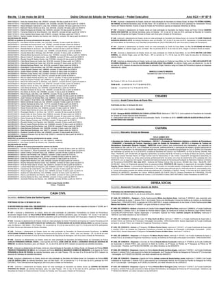 Recife, 13 de maio de 2015 Diário Oficial do Estado de Pernambuco - Poder Executivo Ano XCII • NÀ 87-5
Nº 444 - Autorizar o afastamento do Estado, tendo em vista solicitação do Secretário de Defesa Social, do Major PM STÊNIO SOBRAL
DE FARIAS, da referida Secretaria, para, em São Paulo - SP, no período de 13 a 16 de maio de 2015, participar do Treinamento Técnico
Teórico em Material Balístico, ﬁcando a cargo do Estado de Pernambuco apenas as despesas referentes às diárias.
Nº 445 - Autorizar o afastamento do Estado, tendo em vista solicitação do Secretário de Defesa Social, da Perita Criminal SANDRA
MARIA DOS SANTOS, da referida Secretaria, para, em Brasília - DF, no dia 20 de maio de 2015, participar da Reunião do Conselho
Nacional dos Dirigentes de Órgãos Periciais do Brasil, sem ônus para o Estado de Pernambuco.
Nº 446 - Autorizar o afastamento do Estado, tendo em vista solicitação do Secretário de Defesa Social, do Coronel PM JOSÉ FRANKLIN
BARBOSA MENDES LEITE, da referida Secretaria, para, em Brasília - DF, no dia 27 de maio de 2015, representar o Comandante Geral
da Polícia Militar de Pernambuco na 2ª Reunião Extraordinária do CNCG-PM/CBM 2015, sem ônus para o Estado de Pernambuco.
Nº 447 - Autorizar o afastamento do Estado, tendo em vista solicitação do Chefe da Casa Militar, do Maj PM EDJONES DE PAULA
VIEIRA COSTA, do referido Órgão, para, em Natal - RN, no período de 07 a 10 de maio de 2015, integrar a Comitiva Oﬁcial do Estado.
Nº 448 - Autorizar o afastamento do Estado, tendo em vista solicitação do Chefe da Casa Militar, do Cel RRPM MILTON LUIZ DINO
SOBRAL, do referido Órgão, para, em São Paulo – SP, no período de 11 a 18 de maio de 2015, tratar de assuntos de interesse do
referido Órgão.
Nº 449 - Autorizar os afastamentos do Estado, tendo em vista solicitação do Chefe da Casa Militar, do Tem Cel BM LUIZ AUGUSTO DE
OLIVEIRA FRANÇA e do 3º Sgt BM ALUÍZIO WELLINGTON CRUZ CALLENDER, do referido Órgão, para, em Maceió-AL, no dia 18
de maio de 2015, tratarem de assuntos de interesse do sobredito Órgão, ﬁcando a cargo do Estado de Pernambuco apenas as despesas
referentes às .diárias.
MARCELO CANUTO MENDES
Secretário da Casa Civil em Exercício
ERRATA
Na Portaria nº 323, de 16 de abril de 2015:
Onde se lê: ...no período de 14 a 17 de abril de 2015...
Leia-se: ...no período de 14 a 18 de abril de 2015...
CIDADES
Secretário: André Carlos Alves de Paula Filho
PORTARIA DO DIA 12 DE MAIO DE 2015
O SECRETÁRIO DAS CIDADES, RESOLVE
Nº 033 - Designar MARIA VERÔNICA DA CUNHA LUCENA FÉLIX, Matricula n.º 363.712-3, como suplente do Presidente da Comissão
de Tomada de Contas Especial desta Secretaria;
II – Esta portaria entra em vigor na data de sua publicação. Recife, 12 de Maio de 2015– ANDRÉ CARLOS ALVES DE PAULA FILHO -
SECRETÁRIO DAS CIDADES.
CULTURA
Secretário: Marcelino Granja de Menezes
CICLO JUNINO 2015
CONVOCATÓRIA ESTADUAL
A Secretaria de Cultura do Estado de Pernambuco – SECULT, a Fundação do Patrimônio Histórico e Artístico de Pernambuco
- FUNDARPE, a Secretaria de Turismo, Esportes e Lazer do Estado de Pernambuco - SETUR e a Empresa de Turismo de
Pernambuco Governador Eduardo Campos - EMPETUR tornam público, para conhecimento dos interessados, que realizarão as
festividades do São João de 2015, com a ﬁnalidade de promover, preferencialmente, a participação de artistas e grupos tradicionais do
Ciclo Junino Pernambucano. As inscrições para a seleção das propostas que comporão a programação do CICLO JUNINO 2015 deverão
ser realizadas no período de 14 a 25.05.2015, na sede da Secretaria de Cultura e da FUNDARPE, na Rua da Aurora, 463/469, Boa
Vista – Recife/PE, CEP: 50.050-000, de segunda a sexta feira, no horário das 08 às 18 horas ou no Museu do Barro de Caruaru, situado
no Espaço Cultural Tancredo Neves, na Praça Coronel José de Vasconcelos, nº 100, Centro, Caruaru/PE, de segunda a sexta feira, no
horário das 09 às 13 horas, ou, ainda, pelos correios, preferencialmente via sedex, com aviso de recebimento (A.R), postadas até o dia
25/05/2015, com as seguintes informações: Secretaria de Cultura do Estado de Pernambuco/Fundação do Patrimônio Histórico e Artístico
de Pernambuco-FUNDARPE. São João 2015 – Gerência de Política Cultural, Rua da Aurora, 463/469, Boa Vista – Recife/PE, CEP:
50.050-000 - Nome do Proponente (pessoa física ou pessoa jurídica), PROPOSTA DE (registrar o seguimento de inscrição): Cultura
Popular; Dança; Música. A convocatória (Regulamento) e o Formulário de Inscrição estarão à disposição dos interessados a partir de
14.05.2015, nos mesmos endereços acima mencionados e nos portais www.cultura.pe.gov.br, www.setur.pe.gov.br, www.empetur.com.
br. Outras informações poderão ser obtidas através dos telefones (81) 31843095 e 31843072. Recife, 12 de maio de 2015. MARCELINO
GRANJA DE MENEZES. Secretário de Cultura. MÁRCIA MARIA DA FONTE SOUTO. Diretora Presidente da FUNDARPE. FELIPE
AUGUSTO LYRA CARRERAS. Secretário de Turismo. LUIZ EDUARDO CAVALCANTI ANTUNES. Diretor Presidente da EMPETUR.
DEFESA SOCIAL
Secretário: Alessandro Carvalho Liberato de Mattos
PORTARIAS DO SECRETÁRIO DE DEFESA SOCIAL
O Secretário de Defesa Social, no uso de suas atribuições, resolve:
Nº 2449, DE 12/05/2015 – Designar a Perita Papiloscopista Wilma dos Santos Alves, matrícula nº 285583-6, para responder pela
Função Gratiﬁcada de Apoio 1, símbolo FGA-1, da Unidade Técnica de Identiﬁcação Criminal da Gerência do Instituto de Identiﬁcação
Tavares Buril – IITB/GGPOC/SDS, no período de 01/05 a 29/07/2015, durante o afastamento do seu titular, o Perito Papiloscopista João
Manoel dos Santos, matrícula nº 136999-7, em gozo de férias e Licença Prêmio.
Nº 2450, DE 12/05/2015 – Atribuir a Assistente em Gestão Pública Ingrid Talita Silva Pinto, matrícula nº 269660-6, a Função Gratiﬁcada
de Supervisão 3, símbolo FGS-3, da Unidade de Perícias Médico-Legais, da Gerência do Instituto de Medicina Legal Antônio Persivo
Cunha-IMLAPC/GGPOC/SDS, ﬁcando dispensado o Comissário Especial de Policia Carlindo Joaquim de Santana, matrícula nº
158783-8, com efeito retroativo ao dia 01/05/2015.
Nº 2451, DE 12/05/2015 – Atribuir ao Cabo PM Silas Buriti da Silva, matrícula n° 980841-8, a Função Gratiﬁcada de Supervisão 2,
símbolo FGS-2, da Gerência de Prevenção e Articulação Comunitária - GPAC/GGAIIC/SDS, ﬁcando dispensado da Função Gratiﬁcada
de Apoio-2, símbolo FGA-2, da Unidade de Programas Preventivos e Sociais.
Nº 2452, DE 12/05/2015 – Atribuir a 2º Sargento PM Milena Rocha Cabral, matrícula nº 103193-7, a Função Gratiﬁcada de Supervisão
2, símbolo FGS-2, da Unidade de Programas Preventivos e Sociais, da Gerência de Prevenção e Articulação Comunitária - GPAC/
GGAIIC/SDS, ﬁcando dispensada 3º Sargento PM Danielle Cristina de Melo Sales, matrícula nº 104746-9.
Nº 2453, DE 12/05/2015 – Dispensar a 2º Sargento PM Milena Rocha Cabral, matrícula nº 103193-7, da Função Gratiﬁcada de Apoio 2,
símbolo FGA-2, da Unidade de Programas Preventivos e Sociais, da Gerência de Prevenção e Articulação Comunitária - GPAC/GGAIIC/SDS.
Nº 2454, DE 12/05/2015 - Dispensar o Escrivão de Polícia Orlando Barros Cavalcanti, matrícula nº 273500-8, da Função Gratiﬁcada
de Supervisão 3, símbolo FGS-3, pelo exercício no Setor de Cartório, da 2ª Equipe de Plantão da 1ª Delegacia de Polícia da 19ª
Circunscrição - Prazeres, da 6ª DESEC/GCOM/DIM, com efeito retroativo ao dia 30/04/2015.
Nº 2455, DE 12/05/2015 - Dispensar o Agente de Polícia Danilo Ricardo da Silva Aragão, matrícula nº 350783-1, da Função Gratiﬁcada
de Apoio 2, símbolo FGA-2, pelo exercício no Setor de Investigação, da 4ª Equipe de Plantão da Delegacia de Polícia da 37ª Circunscrição
- Camaragibe, da 9ª DESEC/GCOM/DIM, com efeito retroativo ao dia 30/04/2015.
Nº 2456, DE 12/05/2015 - Dispensar o Agente de Polícia Jarbas Luciano de Souza Santos Junior, matrícula nº 319595-3, da Função
Gratiﬁcada de Supervisão 3, símbolo FGS-3, pelo exercício na Coordenação Setorial, da 4ª Equipe de Plantão da Delegacia de Polícia
da 37ª Circunscrição - Camaragibe, da 9ª DESEC/GCOM/DIM, com efeito retroativo ao dia 30/04/2015.
Nº 2457, DE 12/05/2015 - Dispensar a Agente de Polícia Nibania Maria Rodrigues Lima, matrícula nº 319755-7, da Função Gratiﬁcada
de Apoio 2, símbolo FGA-2, pelo exercício no Setor de Apoio Administrativo, da Delegacia de Polícia da 24ª Circunscrição - Varadouro, da
7ª DESEC/GCOM/DIM, com efeito retroativo ao dia 30/04/2015.
940410552015 – Irene dos Santos Alves, mat. 2530031, concedo 180 dias a partir de 01/10/14.
940410772015 – Francicleide Carneiro de Santana, mat. 2533286, concedo 180 dias a partir de 13/09/14.
940410882015 – Maria Valdelane Cabral de A. Lima, mat. 2706253, concedo 180 dias a partir de 01/10/14.
940411012015 – Maria de Fátima Ferreira da Silva, mat. 2647036, concedo 180 dias a partir de 29/09/14.
940411232015 – Nádia Rodrigues de Almeida, mat. 3036235, concedo 180 dias a partir de 25/09/14.
940411452015 – Fernanda Roberta da Silva Monteiro, mat. 3623378, concedo 82 dias a partir de 15/09/14.
940411672015 – Anny Caroline Silva Souza, mat. 2708370, concedo 180 dias a partir de 17/09/14.
940411782015 – Taynee Hodade Monteiro dos Santos, mat. 2520214, concedo 180 dias a partir de 08/09/14.
SECRETARIA DE SAÚDE
DEFIRO os pedidos de licença p/tratamento de saúde – inicial
940323032015 – Ana Maria Ferreira de Melo, mat. 2321505, concedo 14 dias a partir de 16/08/14.
940323252015 – Ione Maria de Souza Ferraz, mat. 1235561, concedo 30 dias a partir de 25/08/14.
940323582015 – Simone Cristina S. Cavalcante, mat. 2527707, concedo 07 dias a partir de 27/08/14.
940323712015 – Eldezita Maria S. de Souza, mat. 2527839, concedo 30 dias a partir de 19/08/14.
940323822015 – Maria de Fátima da Conceição, mat. 1334956, concedo 90 dias a partir de 20/08/14.
940324042015 – Claudia Maria de A. Nóbrega, mat. 2611368, concedo 15 dias a partir de 26/08/14.
940324152015 – Eldezita Maria Sacramento de Souza, mat. 1918524, concedo 30 dias a partir de 19/08/14.
940324372015 – Marcia Cristina T. do Nascimento, mat. 2580888, concedo 07 dias a partir de 24/08/14.
940324482015 – Renata Grace M. Bastos Soares, mat. 3187489, concedo 02 dias a partir de 19/08/14.
940324502015 – Célia Maria Soares da Costa, mat. 3014126, concedo 30 dias a partir de 21/08/14.
940324612015 – Célia Maria Soares da Costa, mat. 3014126, concedo 07 dias a partir de 05/11/10.
940324722015 – Michelle Barbosa Ribeiro, mat. 2618109, concedo 07 dias a partir de 23/08/14.
940324832015 – Karla Maria Cunha de Abreu, mat. 2077400, concedo 08 dias a partir de 24/08/14.
940325512015 – Cleide Ricardo Câmara, mat. 1488449, concedo 15 dias a partir de 27/08/14.
940325732015 – Josélio Ribeiro de Melo, mat. 3554899, concedo 02 dias a partir de 20/08/14.
940325952015 – Marilúcia Costa Santos, mat. 2333805, concedo 15 dias a partir de 19/08/14.
940326062015 – Josiane Maria Pereira, mat. 2303116, concedo 30 dias a partir de 26/08/14.
940326282015 – Rita de Cássia Pereira da Silva, mat. 124710, concedo 13 dias a partir de 20/08/14.
940333502015 – Erika de Oliveira Pimentel, mat. 2559510, concedo 15 dias a partir de 25/08/14.
940333612015 – Maria de Fátima São M. Q. Barbosa, mat. 2300311, concedo 08 dias a partir de 22/08/14.
940333832015 – Rosyane Sobral dos Santos, mat. 2538130, concedo 15 dias a partir de 25/08/14.
940334272015 – Macilon Gomes da Silva, mat. 996823, concedo 30 dias a partir de 20/08/14.
940334402015 – Celia Maria ds Santos, mat. 2334704, concedo 60 dias a partir de 19/08/14.
940334622015 – Roseane Andrade de Souza, mat. 1924265, concedo 90 dias a partir de 06/08/14.
940334732015 – Ana Maria da Rocha, mat. 2353865, concedo 11 dias a partir de 26/08/14.
940334952015 – Maria Graças Leite Reis, mat. 3268764, concedo 15 dias a partir de 26/08/14.
940335062015 – Luciane Maria Riera de Siqueira, mat. 2346605, concedo 30 dias a partir de 22/08/14.
940335302015 – José Francisco de Almeida Neto, mat. 2288354, concedo 15 dias a partir de 25/08/14.
940335412015 – Ana Claudia T. B.da Palma, mat. 2540690, concedo 60 dias a partir de 23/06/14.
940335522015 – Maria Ivanilda da Costa Lira, mat. 2263475, concedo 15 dias a partir de 21/08/14.
940335742015 – Jaelson Barbosa da Silva, mat. 1101170, concedo 30 dias a partir de 25/08/14.
940336072015 – Vania Passos Guimaraes, mat. 2314126, concedo 15 dias a partir de 20/08/14.
940336202015 – Kesia Oliveira da Silva, mat. 2536420, concedo 10 dias a partir de 19/08/14.
940336642015 – Gresse Maria Ramos de Lima, mat. 433683, concedo 30 dias a partir de 12/07/14.
940337102015 – Rosangela Martins V. da Silva, mat. 1451677, concedo 08 dias a partir de 22/08/14.
940337432015 – Josefa Izidio da Silva Pereira, mat. 2468433, concedo 30 dias a partir de 12/08/14.
940337542015 – Josefa Izidio da Silva Pereira, mat. 1930559, concedo 30 dias a partir de 12/08/14.
940337762015 – Vania Gonçalves de Santana Luna, mat. 2345935, concedo 04 dias a partir de 18/08/14.
940337982015 – Eliane Valença Correia, mat. 2337584, concedo 15 dias a partir de 21/08/14.
940338002015 – Ronaldo Dantas Lins Filgueira, mat. 2344394, concedo 15 dias a partir de 21/08/14.
940338332015 – Rita de Cassia Pereira da Silva, mat. 2349469, concedo 15 dias a partir de 20/08/14.
940338772015 – Geisa Ferreira da Silva Santos, mat. 2539128, concedo 07 dias a partir de 19/08/14.
940338882015 – Katia Barbosa Rodrigues, mat. 2260506, concedo 15 dias a partir de 18/08/14.
940339122015 – Katia Barbosa Rodrigues, mat. 2452111, concedo 15 dias a partir de 16/08/14.
940339342015 – Rosilene Carvalho da Silva, mat. 2349485, concedo 15 dias a partir de 22/06/14.
940339562015 – Gleyduce Antunes Cruz da Silva, mat. 2326213, concedo 08 dias a partir de 26/08/14.
SECRETARIA DE SAÚDE
INDEFIRO os pedidos de licença p/tratamento de saúde – inicial
940339452015 – Luciana Machado Dias R. Luz, mat. 2094410, indeferido.
940334382015 – Ana Paula Cordeiro de Oliveira, mat. 2304228, indeferido.
SECRETARIA DE SAÚDE
DEFIRO os pedidos de licença p/acompanhar pessoa da família
940459502015 – Cleuma Clivia Magalhães Ferreira, mat. 1271768, concedo 30 dias a partir de 19/07/14.
940459942015 – Ana Catarina C. Heuer Guimarães, mat. 2451531, concedo 30 dias a partir de 23/07/14.
940460272015 – Izabel Cristina Cavalcanti Silva, mat. 2098024, concedo 04 dias a partir de 22/07/14.
940460402015 – Monica Leal Pimentel, mat. 2298074, concedo 15 dias a partir de 31/07/14.
940460512015 – Edileuza de Lemos Bispo, mat. 2277441, concedo 20 dias a partir de 20/07/14.
940460732015 – Ester dos Santos Silva, mat. 2276143, concedo 31 dias a partir de 01/07/14.
940461282015 – Angela Maria Bezerra Lins, mat. 2305259, concedo 08 dias a partir de 14/04/14.
940461302015 – Shyrley Alexandra Moreira Costa, mat. 3554562, concedo 20 dias a partir de 26/07/14.
940461632015 – Vivia de Paula Dias M. Arruda, mat. 2582074, concedo 03 dias a partir de 02/08/14.
940461852015 – Luciane Maria Riera de Siqueira, mat. 2346605, concedo 10 dias a partir de 02/08/14.
940462182015 – Claudenice da Costa Bento, mat. 2547040, concedo 15 dias a partir de 11/07/14.
940462202015 – Tereza Angelica S. de A. Barros, mat. 1385909, concedo 15 dias a partir de 26/07/14.
940463322015 – Quitéria de Sales Barbosa, mat. 2346656, concedo 30 dias a partir de 29/07/14.
940463432015 – Maria Lucia Medeiros de Oliveira, mat. 2316803, concedo 07 dias a partir de 28/07/14.
940463542015 – Antonia Batista da Silva, mat. 2353253, concedo 15 dias a partir de 28/07/14.
940463762015 – Jacineide Pedrosa dos Santos, mat. 2326358, concedo 30 dias a partir de 15/07/14.
André Longo Araújo de Melo
Diretor - Presidente
CASA CIVIL
Secretário: Antônio Carlos dos Santos Figueira
PORTARIAS DO DIA 12 DE MAIO DE 2015.
O SECRETÁRIO DA CASA CIVIL, EM EXERCÍCIO, no uso de suas atribuições, e tendo em vista o disposto no Decreto nº 25.845, de 11
de setembro de 2003, e alterações, RESOLVE:
Nº 437 – Autorizar o afastamento do Estado, tendo em vista solicitação do Laboratório Farmacêutico do Estado de Pernambuco
Governador Miguel Arraes, de AILA KARLA MOTA SANTANA, do referido Laboratório, para, em Brasília – DF, no dia 11 de maio de
2015, tratar de assuntos de interesse do sobredito Laboratório junto ao Ministério da Saúde, sem ônus para o Estado de Pernambuco.
Nº 438 - Autorizar os afastamentos do Estado, tendo em vista solicitação do Diretor Presidente da Empresa de Turismo Pernambuco S/A
- EMPETUR, de ANNE MARGARETH SOUTO DE CARVALHO e TATIANA MARIA DE OLIVEIRA MAGALHÃES, da referida Empresa,
para, em Manaus – AM, Belém – PA e Palmas - TO, no período de 18 a 22 de maio de 2015, e de 17 a 19 de junho de 2015, participarem
de Visita Técnica aos Mercados do Norte e Nordeste.
Nº 439 - Autorizar o afastamento do Estado, tendo em vista solicitação do Secretário de Desenvolvimento Econômico, de MARIA
CRYSTIANNE FONSECA ROSAL, da Agência Pernambucana de Águas e Clima – APAC, para, em, Brasília – DF, no dia 06 de maio
de 2015, participar do Seminário 5 anos da Política Nacional de Segurança de Barragens, sem ônus para o Estado de Pernambuco.
Nº 440 - Autorizar os afastamentos do Estado, tendo em vista solicitação do Secretário de Defesa Social, do Comissário de Polícia
CARLOS FERNANDO ARRUDA COSTA, e dos Agentes de Polícia JOAB JOSÉ DA SILVA e LEONARDO DOUGLAS GOUVEIA DE
ARAÚJO, da referida Secretaria, para, em Maceió - AL, no dia 23 de abril de 2015, tratarem de assuntos da sobredita Secretaria.
Nº 441 - Autorizar os afastamentos do Estado, tendo em vista solicitação do Secretário de Defesa Social, do Delegado de Polícia OSIAS
TIBÚRCIO FERNANDES DE MELO, do Comissário de Polícia MARCELO MAURÍCIO GOMES DE MENEZES, e da Agente de Polícia
ROSANGELA SILVA DE SOUZA, da referida Secretaria, para, em João Pessoa - PB, nos dias 28 e 29 de abril de 2015, tratarem de
assuntos de interesse da sobredita Secretaria.
Nº 442 - Autorizar o afastamento do Estado, tendo em vista solicitação do Secretário de Defesa Social, do Comissário de Polícia JOÃO
LUIZ DE UZÊDA LUNA, da referida Secretaria, para, em São Paulo - SP, no período de 11 a 15 de maio de 2015, participar da XVIII
EXPOSEC - Feira Internacional de Segurança, sem ônus para o Estado de Pernambuco.
Nº 443 - Autorizar o afastamento do Estado, tendo em vista solicitação do Secretário de Defesa Social, de JEANNE DE AGUIAR
PINHEIRO DE SOUZA, da referida Secretaria, para, em João Pessoa - PB, no dia 13 de maio de 2015, participar da Reunião na
Secretaria de Estado do Desenvolvimento Humano da Paraíba, sem ônus para o Estado de Pernambuco.
 