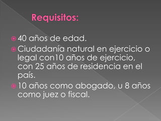  40 años de edad.
Ciudadanía natural en ejercicio o
legal con10 años de ejercicio,
con 25 años de residencia en el
país.
10 años como abogado, u 8 años
como juez o fiscal.