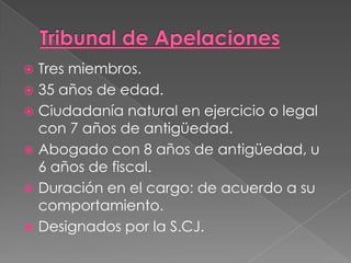  Tres miembros.
35 años de edad.
Ciudadanía natural en ejercicio o legal
con 7 años de antigüedad.
Abogado con 8 años de antigüedad, u
6 años de fiscal.
Duración en el cargo: de acuerdo a su
comportamiento.
Designados por la S.CJ.