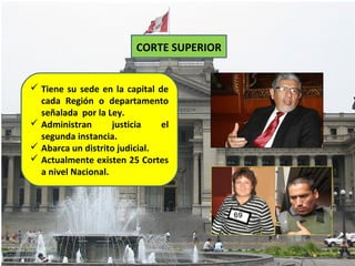 CORTE SUPERIOR


 Tiene su sede en la capital de
  cada Región o departamento
  señalada por la Ley.
 Administran       justicia   el
  segunda instancia.
 Abarca un distrito judicial.
 Actualmente existen 25 Cortes
  a nivel Nacional.
 