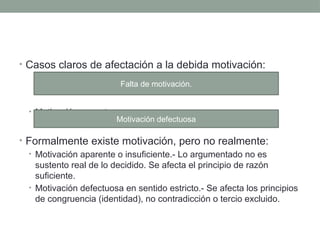 • Casos claros de afectación a la debida motivación:
• Motivación ausente
• Formalmente existe motivación, pero no realmente:
• Motivación aparente o insuficiente.- Lo argumentado no es
sustento real de lo decidido. Se afecta el principio de razón
suficiente.
• Motivación defectuosa en sentido estricto.- Se afecta los principios
de congruencia (identidad), no contradicción o tercio excluido.
Falta de motivación.
Motivación defectuosa
 