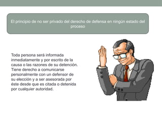 El principio de no ser privado del derecho de defensa en ningún estado del
proceso
Toda persona será informada
inmediatamente y por escrito de la
causa o las razones de su detención.
Tiene derecho a comunicarse
personalmente con un defensor de
su elección y a ser asesorada por
éste desde que es citada o detenida
por cualquier autoridad.
 