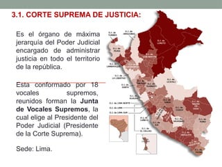 3.1. CORTE SUPREMA DE JUSTICIA:
Es el órgano de máxima
jerarquía del Poder Judicial
encargado de administrar
justicia en todo el territorio
de la república.
Esta conformado por 18
vocales supremos,
reunidos forman la Junta
de Vocales Supremos, la
cual elige al Presidente del
Poder Judicial (Presidente
de la Corte Suprema).
Sede: Lima.
 