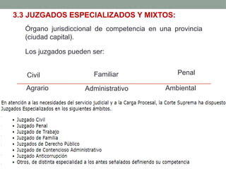 3.3 JUZGADOS ESPECIALIZADOS Y MIXTOS:
Órgano jurisdiccional de competencia en una provincia
(ciudad capital).
Los juzgados pueden ser:
Civil Penal
Laboral
Agrario
Comercial
Familiar
Administrativo Ambiental
 
