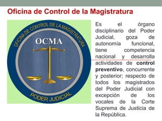 Es el órgano
disciplinario del Poder
Judicial, goza de
autonomía funcional,
tiene competencia
nacional y desarrolla
actividades de control
preventivo, concurrente
y posterior; respecto de
todos los magistrados
del Poder Judicial con
excepción de los
vocales de la Corte
Suprema de Justicia de
la República.
Oficina de Control de la Magistratura
 