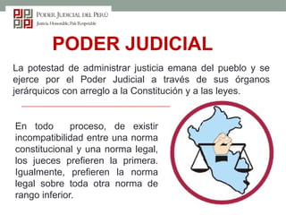 PODER JUDICIAL
La potestad de administrar justicia emana del pueblo y se
ejerce por el Poder Judicial a través de sus órganos
jerárquicos con arreglo a la Constitución y a las leyes.
En todo proceso, de existir
incompatibilidad entre una norma
constitucional y una norma legal,
los jueces prefieren la primera.
Igualmente, prefieren la norma
legal sobre toda otra norma de
rango inferior.
 