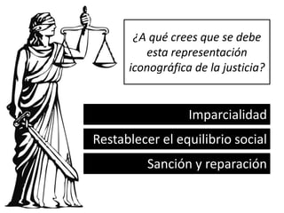 ¿A qué crees que se debe
esta representación
iconográfica de la justicia?
Restablecer el equilibrio social
Imparcialidad
Sanción y reparación
 