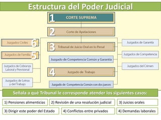 Estructura del Poder Judicial
5
1
2
3
4
6
Señala a qué Tribunal le corresponde atender los siguientes casos:
1) Pensiones alimenticias 2) Revisión de una resolución judicial 3) Juicios orales
3) Dirigir este poder del Estado 4) Demandas laborales4) Conflictos entre privados
 