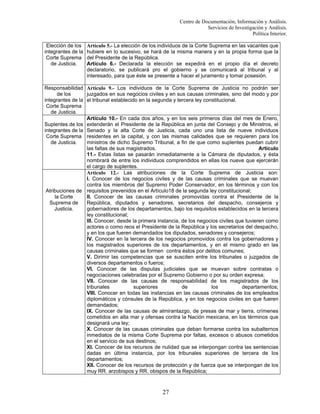 Centro de Documentación, Información y Análisis.
Servicios de Investigación y Análisis.
Política Interior.
Elección de los
integrantes de la
Corte Suprema
de Justicia.

Artículo 5.- La elección de los individuos de la Corte Suprema en las vacantes que
hubiere en lo sucesivo, se hará de la misma manera y en la propia forma que la
del Presidente de la República.
Artículo 6.- Declarada la elección se expedirá en el propio día el decreto
declaratorio, se publicará pro el gobierno y se comunicará al tribunal y al
interesado, para que éste se presente a hacer el juramento y tomar posesión.

Responsabilidad Artículo 9.- Los individuos de la Corte Suprema de Justicia no podrán ser
de los
juzgados en sus negocios civiles y en sus causas criminales, sino del modo y por
integrantes de la el tribunal establecido en la segunda y tercera ley constitucional.
Corte Suprema
de Justicia.
Artículo 10.- En cada dos años, y en los seis primeros días del mes de Enero,
Suplentes de los extenderán el Presidente de la República en junta del Consejo y de Ministros, el
integrantes de la Senado y la alta Corte de Justicia, cada uno una lista de nueve individuos
Corte Suprema residentes en la capital, y con las mismas calidades que se requieren para los
de Justicia.
ministros de dicho Supremo Tribunal, a fin de que como suplentes puedan cubrir
las faltas de sus magistrados.
Artículo
11.- Estas listas se pasarán inmediatamente a la Cámara de diputados, y ésta
nombrará de entre los individuos comprendidos en ellas los nueve que ejercerán
el cargo de suplentes.
Artículo 12.- Las atribuciones de la Corte Suprema de Justicia son:
I. Conocer de los negocios civiles y de las causas criminales que se muevan
contra los miembros del Supremo Poder Conservador, en los términos y con los
Atribuciones de requisitos prevenidos en el Artículo18 de la segunda ley constitucional;
la Corte
II. Conocer de las causas criminales promovidas contra el Presidente de la
Suprema de
República, diputados y senadores, secretarios del despacho, consejeros y
Justicia.
gobernadores de los departamentos, bajo los requisitos establecidos en la tercera
ley constitucional;
III. Conocer, desde la primera instancia, de los negocios civiles que tuvieren como
actores o como reos el Presidente de la República y los secretarios del despacho,
y en los que fueren demandados los diputados, senadores y consejeros;
IV. Conocer en la tercera de los negocios promovidos contra los gobernadores y
los magistrados superiores de los departamentos, y en el mismo grado en las
causas criminales que se formen contra éstos por delitos comunes;
V. Dirimir las competencias que se susciten entre los tribunales o juzgados de
diversos departamentos o fueros;
VI. Conocer de las disputas judiciales que se muevan sobre contratas o
negociaciones celebradas por el Supremo Gobierno o por su orden expresa;
VII. Conocer de las causas de responsabilidad de los magistrados de los
tribunales
superiores
de
los
departamentos;
VIII. Conocer en todas las instancias en las causas criminales de los empleados
diplomáticos y cónsules de la República, y en los negocios civiles en que fueren
demandados;
IX. Conocer de las causas de almirantazgo, de presas de mar y tierra, crímenes
cometidos en alta mar y ofensas contra la Nación mexicana, en los términos que
designará una ley;
X. Conocer de las causas criminales que deban formarse contra los subalternos
inmediatos de la misma Corte Suprema por faltas, excesos o abusos cometidos
en el servicio de sus destinos;
XI. Conocer de los recursos de nulidad que se interpongan contra las sentencias
dadas en última instancia, por los tribunales superiores de tercera de los
departamentos;
XII. Conocer de los recursos de protección y de fuerza que se interpongan de los
muy RR. arzobispos y RR. obispos de la República;

27

 