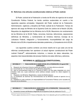 Centro de Documentación, Información y Análisis.
Servicios de Investigación y Análisis.
Política Interior.

III. Reformas a los artículos constitucionales relativos al Poder Judicial.

El Poder Judicial de la Federación a través de 90 años de vigencia de la actual
Constitución Política Federal, ha tenido cambios sustanciales en cuanto a los
siguientes aspectos principales: Integración del Poder Judicial de la Federación;
Administración, vigilancia y disciplina del Poder Judicial de la Federación; Tiempo de
ejercicio del cargo de Ministro de la Suprema Corte de Justicia de la Nación (SCJN);
Requisitos de elegibilidad de los Ministros de la SCJN; Mecanismo de nombramiento
de los Ministros de la SCJN; Faltas, renuncias, licencias, defunciones, separaciones
definitivas de Ministros, y nombramiento de ministros interinos; Consejo de la
Judicatura Federal, integración y funcionamiento; Incompatibilidad del cargo de
Ministro de la SCJN e impedimentos laborales posteriores; y Competencia de la SCJN.

Los siguientes cuadros contiene una breve reseña de lo que cada una de las
reformas constitucionales han aportaron al actual régimen constitucional del Poder
Judicial Federal36, adicionalmente incluimos, a manera de datos relevantes, los
aspectos más trascendentales del proceso histórico de estas reformas y adiciones.
REFORMAS AL ARTÍCULO 94 CONSTITUCIONAL.
REFORMA N° 1

PUBLICACIÓN EN EL DIARIO OFICIAL DE LA FEDERACIÓN: 20 /agosto/1928

CONTENIDO:
• Respecto de la Suprema Corte de Justicia de la Nación, con ésta reforma se decretó:
a) El aumentó de 11 a 16 el número de sus Ministros integrantes; y
b) Que su funcionamiento fuese en un Tribunal en Pleno y en tres salas integradas con cinco
ministros cada una, cuyas audiencias serían públicas excepto cuando los casos exigieren lo
contrario.
• Respecto a los Ministros, Magistrados y Jueces de Distrito dispuso :
a) La prohibición de disminuir las remuneraciones de los Ministros durante el ejercicio de su
encargo; y
b) Estableció la mala conducta y la responsabilidad de Funcionarios Públicos como causales de
remoción de los Ministros.

REFORMA N° 2

•
36

PUBLICACIÓN EN EL DIARIO OFICIAL DE LA FEDERACIÓN: 15/diciembre/1934

CONTENIDO:
Aumentó el número de Ministros integrantes de la Suprema Corte de Justicia de 16 a 21.
Fuente: página electrónica de la H. Cámara de Diputados, http://www.diputados.gob.mx/LeyesBiblio/marco.htm

35

 