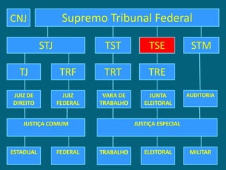 CNJ               Supremo Tribunal Federal

           STJ              TST            TSE            STM

  TJ             TRF        TRT            TRE
JUIZ DE            JUIZ     VARA DE        JUNTA         AUDITORIA
DIREITO          FEDERAL   TRABALHO      ELEITORAL


   JUSTIÇA COMUM                      JUSTIÇA ESPECIAL



ESTADUAL         FEDERAL   TRABALHO      ELEITORAL        MILITAR
 
