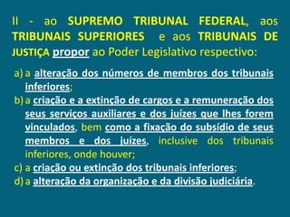 II - ao SUPREMO TRIBUNAL FEDERAL, aos
TRIBUNAIS SUPERIORES e aos TRIBUNAIS DE
JUSTIÇA propor ao Poder Legislativo respectivo:
a) a alteração dos números de membros dos tribunais
   inferiores;
b) a criação e a extinção de cargos e a remuneração dos
   seus serviços auxiliares e dos juízes que lhes forem
   vinculados, bem como a fixação do subsídio de seus
   membros e dos juízes, inclusive dos tribunais
   inferiores, onde houver;
c) a criação ou extinção dos tribunais inferiores;
d) a alteração da organização e da divisão judiciária.
 