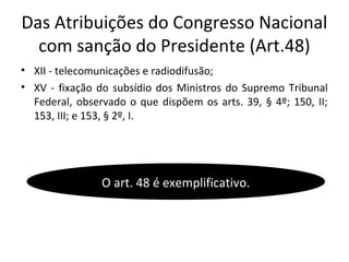Das Atribuições do Congresso Nacional
com sanção do Presidente (Art.48)
• XII - telecomunicações e radiodifusão;
• XV - fixação do subsídio dos Ministros do Supremo Tribunal
Federal, observado o que dispõem os arts. 39, § 4º; 150, II;
153, III; e 153, § 2º, I.
O art. 48 é exemplificativo.
 