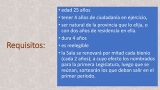 Requisitos:
• edad 25 años
• tener 4 años de ciudadanía en ejercicio,
• ser natural de la provincia que lo elija, o
con dos años de residencia en ella.
• dura 4 años
• es reelegible
• la Sala se renovará por mitad cada bienio
(cada 2 años); a cuyo efecto los nombrados
para la primera Legislatura, luego que se
reúnan, sortearán los que deban salir en el
primer período.
 