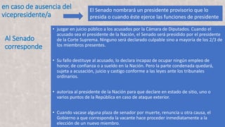 en caso de ausencia del
vicepresidente/a
• juzgar en juicio público a los acusados por la Cámara de Diputados. Cuando el
acusado sea el presidente de la Nación, el Senado será presidido por el presidente
de la Corte Suprema. Ninguno será declarado culpable sino a mayoría de los 2/3 de
los miembros presentes.
• Su fallo destituye al acusado, lo declara incapaz de ocupar ningún empleo de
honor, de confianza o a sueldo en la Nación. Pero la parte condenada quedará,
sujeta a acusación, juicio y castigo conforme a las leyes ante los tribunales
ordinarios.
• autoriza al presidente de la Nación para que declare en estado de sitio, uno o
varios puntos de la República en caso de ataque exterior.
• Cuando vacase alguna plaza de senador por muerte, renuncia u otra causa, el
Gobierno a que corresponda la vacante hace proceder inmediatamente a la
elección de un nuevo miembro.
Al Senado
corresponde
El Senado nombrará un presidente provisorio que lo
presida o cuando éste ejerce las funciones de presidente
 