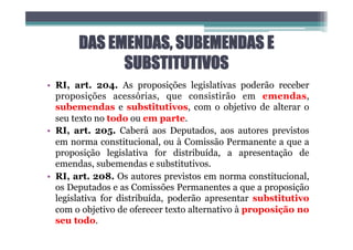 DAS EMENDAS, SUBEMENDAS E
SUBSTITUTIVOS
• RI, art. 204. As proposições legislativas poderão receber
proposições acessórias, que consistirão em emendas,
subemendas e substitutivos, com o objetivo de alterar o
seu texto no todo ou em parte.
• RI, art. 205. Caberá aos Deputados, aos autores previstos
em norma constitucional, ou à Comissão Permanente a que a
proposição legislativa for distribuída, a apresentação de
emendas, subemendas e substitutivos.
• RI, art. 208. Os autores previstos em norma constitucional,
os Deputados e as Comissões Permanentes a que a proposição
legislativa for distribuída, poderão apresentar substitutivo
com o objetivo de oferecer texto alternativo à proposição no
seu todo.
 
