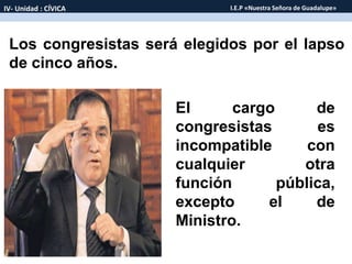 Los congresistas será elegidos por el lapso
de cinco años.
IV- Unidad : CÍVICA I.E.P «Nuestra Señora de Guadalupe»
El cargo de
congresistas es
incompatible con
cualquier otra
función pública,
excepto el de
Ministro.
 