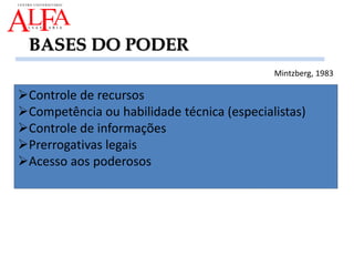 BASES DO PODER
Controle de recursos
Competência ou habilidade técnica (especialistas)
Controle de informações
Prerrogativas legais
Acesso aos poderosos
Mintzberg, 1983
 