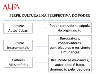 PERFIL CULTURAL NA PERSPECTIVA DO PODER
Culturas
Autocráticas
Burocráticas,
conservadores,
controladoras e resistente
a mudanças
Culturas
Instrumentais
Resistente as mudanças,
autoridade é fraco,
dominação pela ideologia
Poder centrado na cúpula
da organização
Culturas
Missionárias
 