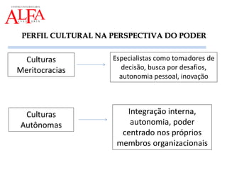 PERFIL CULTURAL NA PERSPECTIVA DO PODER
Culturas
Meritocracias
Integração interna,
autonomia, poder
centrado nos próprios
membros organizacionais
Especialistas como tomadores de
decisão, busca por desafios,
autonomia pessoal, inovação
Culturas
Autônomas
 