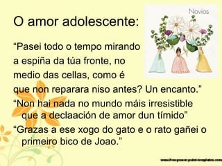 O amor adolescente:
“Pasei todo o tempo mirando
a espiña da túa fronte, no
medio das cellas, como é
que non reparara niso antes? Un encanto.”
“Non hai nada no mundo máis irresistible
que a declaación de amor dun tímido”
“Grazas a ese xogo do gato e o rato gañei o
primeiro bico de Joao.”
 
