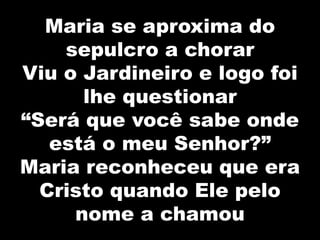 Maria se aproxima do
sepulcro a chorar
Viu o Jardineiro e logo foi
lhe questionar
“Será que você sabe onde
está o meu Senhor?”
Maria reconheceu que era
Cristo quando Ele pelo
nome a chamou
 