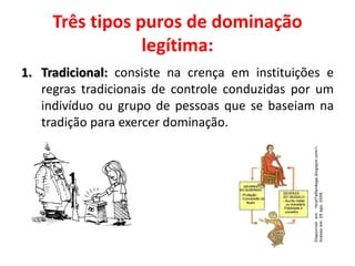 Três tipos puros de dominação
legítima:
1. Tradicional: consiste na crença em instituições e
regras tradicionais de controle conduzidas por um
indivíduo ou grupo de pessoas que se baseiam na
tradição para exercer dominação.
 