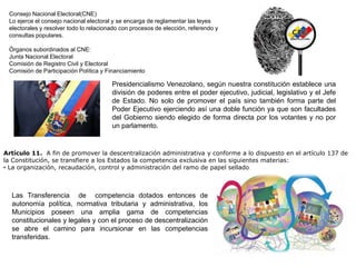 Consejo Nacional Electoral(CNE)
Lo ejerce el consejo nacional electoral y se encarga de reglamentar las leyes
electorales y resolver todo lo relacionado con procesos de elección, referendo y
consultas populares.
Órganos subordinados al CNE:
Junta Nacional Electoral
Comisión de Registro Civil y Electoral
Comisión de Participación Política y Financiamiento
Presidencialismo Venezolano, según nuestra constitución establece una
división de poderes entre el poder ejecutivo, judicial, legislativo y el Jefe
de Estado. No solo de promover el país sino también forma parte del
Poder Ejecutivo ejerciendo así una doble función ya que son facultades
del Gobierno siendo elegido de forma directa por los votantes y no por
un parlamento.
Artículo 11. A fin de promover la descentralización administrativa y conforme a lo dispuesto en el artículo 137 de
la Constitución, se transfiere a los Estados la competencia exclusiva en las siguientes materias:
• La organización, recaudación, control y administración del ramo de papel sellado.
Las Transferencia de competencia dotados entonces de
autonomía política, normativa tributaria y administrativa, los
Municipios poseen una amplia gama de competencias
constitucionales y legales y con el proceso de descentralización
se abre el camino para incursionar en las competencias
transferidas.
 