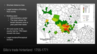 Sillos trade hinterland 1755-1771
? Shortest distance bias
? Legal borders of Kolding
Hus county
? Kolding were:
? Administrative center
? The town where the
tenant farmers once a
year paid their taxes
? All rural courts in the
county had by 1763 been
moved into town.
? Legal borders/Perceptual
borders
 