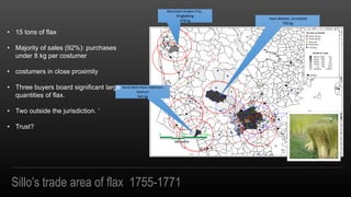 Hans Nielsen, Grindsted
720 kg
Rural dean Hans Sidelman,
Snerum
563 kg
Merchant Anders Friis ,
Ringk?bing
478 kg
Sillos trade area of flax 1755-1771
? 15 tons of flax
? Majority of sales (92%): purchases
under 8 kg per costumer
? costumers in close proximity
? Three buyers board significant large
quantities of flax.
? Two outside the jurisdiction. 
? Trust?
 