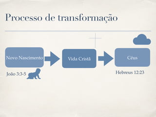 Processo de transformação
Novo Nascimento
João 3:3-5
Céus
Hebreus 12:23
Vida Cristã
 