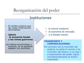 Reorganización del poder El cambio propicio que las viejas instituciones dominantes: Iglesia la economía feudal  y los reinos guerreros con lideres provincianos y arcaicos, no se pudieran adaptar con prontitud la ciencia moderna la economía de mercado  y el Estado-nación Instituciones TRANSPORTE Y COMUNICACIONES: Por primera vez la inversión del poderío no abrió el camino a la inversión del dinero, si no que l a exportación del poder siguió incondicionalmente al dinero exportado 