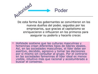 Poder De esta forma los gobernantes se convirtieron en los nuevos dueños del poder, seguidos por los empresarios, que gracias al capitalismo se enriquecieron e influyeron en los primeros para asegurar su poderío y hacerlo crecer. Autoridad Hofstede sostiene que las culturas masculinas y femeninas crean diferentes tipos de líderes ideales. Así, en las sociedades masculinas, el líder debe ser asertivo, decidido, agresivo y tomar las decisiones por sí mismo sin consultar al grupo. Por el contrario en las sociedades femeninas el líder ideal es menos visible, intuitivo más que racional y acostumbrado a buscar el consenso. 