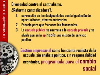 9.LA“MODERNIZACIÓN”DELAESCUELA Diversidad contra el centralismo.
¿Reforma centralizadora?:
1. corrección de las desigualdades con la igualación de
oportunidades, efectos contrarios.
2. Escuela para que fracasen los fracasados
3. La escuela pública se asemeja a la escuela privada y se
olvida que en la ep había una misión de servicio
publico
Gestión empresarial como horizonte realista de la
escuela, sin análisis político, sin responsabilidad
económica, programada para el cambio
social
 