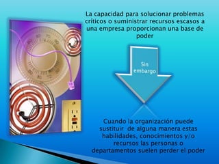 La capacidad para solucionar problemas críticos o suministrar recursos escasos a una empresa proporcionan una base de poderSinembargoCuando la organización puede sustituir  de alguna manera estas habilidades, conocimientos y/o recursos las personas o departamentos suelen perder el poder