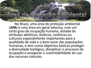 APA- Área de Proteção Ambiental		No Brasil, uma área de proteção ambiental (APA) é uma área em geral extensa, com um certo grau de ocupação humana, dotada de atributos abióticos, bióticos, estéticos ou culturais especialmente importantes para a qualidade de vida e o bem-estar das populações humanas, e tem como objetivos básicos proteger a diversidade biológica, disciplinar o processo de ocupação e assegurar a sustentabilidade do uso dos recursos naturais.