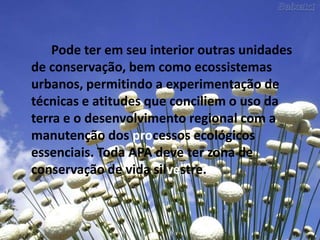 Pode ter em seu interior outras unidades de conservação, bem como ecossistemas urbanos, permitindo a experimentação de técnicas e atitudes que conciliem o uso da terra e o desenvolvimento regional com a manutenção dos processos ecológicos essenciais. Toda APA deve ter zona de conservação de vida silvestre.