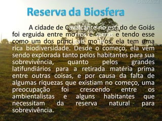 Reservada BiosferaA cidade de Cavalcante no estado de Goiás foi erguida entre morros e serras e tendo esse como um dos principais motivos, ela tem uma rica biodiversidade. Desde o começo, ela vêm sendo explorada tanto pelos habitantes para sua sobrevivência, quanto pelos grandes latifundiários para a retirada matéria prima entre outras coisas, e por causa da falta de algumas riquezas que existiam no começo, uma preocupação foi crescendo entre os ambientalistas e alguns habitantes que necessitam da reserva natural para sobrevivência.