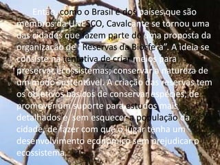 Então, como o Brasil é dos países que são membros da UNESCO, Cavalcante se tornou uma das cidades que fazem parte de uma proposta da organização de “Reservas da Biosfera”. A ideia se consiste na tentativa de criar meios para preservar ecossistemas; conservar a natureza de um modo sustentável. A criação das reservas tem os objetivos básicos de conservar espécies, de promover um suporte para estudos mais detalhados e, sem esquecer a população da cidade, de fazer com que o lugar tenha um desenvolvimento econômico sem prejudicar o ecossistema.