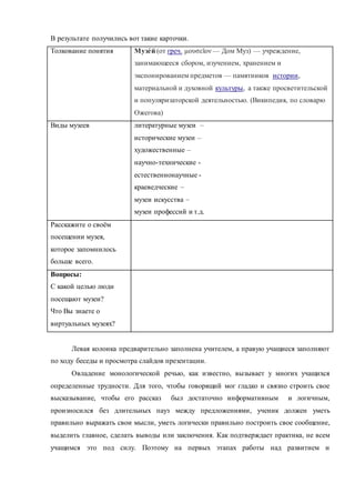 В результате получились вот такие карточки.
Толкование понятия Музе́й (от греч. μουσεῖον — Дом Муз) — учреждение,
занимающееся сбором, изучением, хранением и
экспонированием предметов — памятников истории,
материальной и духовной культуры, а также просветительской
и популяризаторской деятельностью. (Википедия, по словарю
Ожегова)
Виды музеев литературные музеи –
исторические музеи –
художественные –
научно-технические -
естественнонаучные -
краеведческие –
музеи искусства –
музеи профессий и т.д.
Расскажите о своём
посещении музея,
которое запомнилось
больше всего.
Вопросы:
С какой целью люди
посещают музеи?
Что Вы знаете о
виртуальных музеях?
Левая колонка предварительно заполнена учителем, а правую учащиеся заполняют
по ходу беседы и просмотра слайдов презентации.
Овладение монологической речью, как известно, вызывает у многих учащихся
определенные трудности. Для того, чтобы говорящий мог гладко и связно строить свое
высказывание, чтобы его рассказ был достаточно информативным и логичным,
произносился без длительных пауз между предложениями, ученик должен уметь
правильно выражать свои мысли, уметь логически правильно построить свое сообщение,
выделить главное, сделать выводы или заключения. Как подтверждает практика, не всем
учащимся это под силу. Поэтому на первых этапах работы над развитием и
 