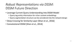 Robust Representations via DSSM:
DSSM Future Direction
• Leverage Current Query Understanding Into DSSM Model
• Query tag ...