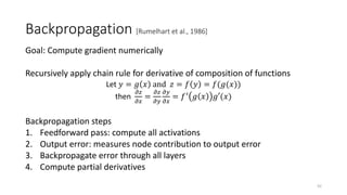 Backpropagation [Rumelhart et al., 1986]
Goal: Compute gradient numerically
Recursively apply chain rule for derivative of...