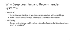 Why Deep Learning and Recommender
Systems?
• Features
• Semantic understanding of words/sentences possible with embeddings...