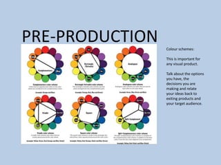 PRE-PRODUCTION Colour schemes:
This is important for
any visual product.
Talk about the options
you have, the
decisions you are
making and relate
your ideas back to
exiting products and
your target audience.
 