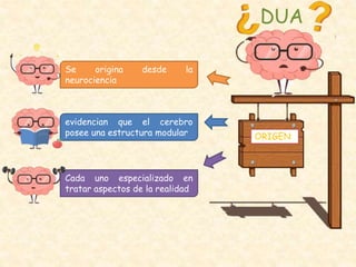 ORIGEN
Se origina desde la
neurociencia
evidencian que el cerebro
posee una estructura modular
Cada uno especializado en
tratar aspectos de la realidad
DUA
 