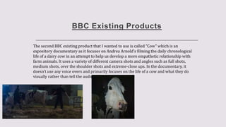 BBC Existing Products
The second BBC existing product that I wanted to use is called “Cow” which is an
expository documentary as it focuses on Andrea Arnold's filming the daily chronological
life of a dairy cow in an attempt to help us develop a more empathetic relationship with
farm animals. It uses a variety of different camera shots and angles such as full shots,
medium shots, over the shoulder shots and extreme-close ups. In the documentary, it
doesn’t use any voice overs and primarily focuses on the life of a cow and what they do
visually rather than tell the audience what happens.
 