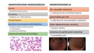 MANIFESTACIONES HEMATOLÓGICAS
anemia
•(hemolítica autoinmunitaria)
leucopenia
•(linfopenia, con < 1500 células/μL,)
trombocitopenia
pacientes con anticuerpos antifosfolipídicos:
•trombosis arterial o venosa recurrente,
• trombocitopenia
•complicaciones obstétricas
síndrome de activación de macrófagos
MANIFESTACIONES GI
Por vasculitis intestinal
• o alteraciones de la motilidad intestinal.
pancreatitis por LES
• o altas dosis de corticosteroides o azatioprina.
dolor abdominal por serositis,
• náuseas, vómitos,
síntomas de perforación intestinal
• y seudoobstrucción
 