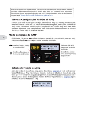 Roteamento
Configure a posição do Loop de Efeitos (Send/Return).
Pre - Posiciona o FX Loop antes do Modelo de Amp (e entre os efeitos FX1 e FX2,
se esses efeitos também estiverem configurados como“Pre”).
Post - Posiciona o FX Loop após o Modelo de Amp (e entre os efeitos FX1 e FX2, se
eles também estiverem configurados como“Post”) na cadeia do sinal.
Nível de Send e Return
Use essas opções para atenuar o nível de sinal enviado aos efeitos externos e o nível de
Return que volta ao seu POD HD400. (Também use o FX LOOP LEVEL, como mencionado
na página anterior.)
Mix
Ajuste a quantia de sinal do Loop que alimenta o Send, e depois alimenta seu som. Em
100%, todo o sinal é enviado ao Loop de Efeitos.
Nota: Presets de Fábrica normalmente são criados com Mix em 100%, portanto, se você ligar
o FX LOOP sem conectar nada no SEND e RETURN, você cortará seu som.
 