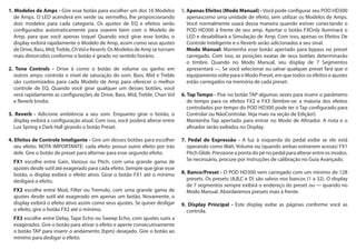 1. Modelos de Amps - Gire esse botão para escolher um dos 16 Modelos
de Amps. O LED acenderá em verde ou vermelho, lhe proporcionando
dois modelos para cada categoria. Os ajustes de EQ e efeitos serão
configurados automaticamente para soarem bem com o Modelo de
Amp, para que você apenas toque! Quando você girar esse botão, o
display exibirá rapidamente o Modelo de Amp, assim como seus ajustes
deDrive,Bass,Mid,Treble,ChVoleReverb.OsModelosdeAmpsetornam
mais distorcidos conforme o botão é girado no sentido horário.
2. Tone Controls - Drive é como o botão de volume ou ganho em
outros amps: controla o nível de saturação do som. Bass, Mid e Treble
são customizados para cada Modelo de Amp para oferecer o melhor
controle de EQ. Quando você girar qualquer um desses botões, você
verá rapidamente as configurações de Drive, Bass, Mid, Treble, Chan Vol
e Reverb knobs.
3. Reverb - Adicione ambiência a seu som. Enquanto girar o botão, o
display exibirá a configuração atual. Com isso, você poderá alterar entre
Lux Spring e Dark Hall girando o botão Preset.
4. Efeitos de Controle Inteligente - Gire um desses botões para escolher
seu efeito. NOTA IMPORTANTE: cada efeito possui outro efeito por trás
dele. Gire o botão de preset para alternar para esse segundo efeito.
	 FX1 escolhe entre Gain, Various ou Pitch, com uma grande gama de
ajustes desde sutil até exagerado para cada efeito. Sempre que girar esse
botão, o display exibirá o efeito ativo. Girar o botão FX1 até o mínimo
desligará o efeito.
	 FX2 escolhe entre Mod, Filter ou Tremolo, com uma grande gama de
ajustes desde sutil até exagerado em apenas um botão. Novamente, o
display exibirá o efeito ativo assim como seus ajustes. Se quiser desligar
o efeito, gire o botão FX2 até o mínimo.
	 FX3 escolhe entre Delay, Tape Echo ou Sweep Echo, com ajustes sutis a
exagerados. Gire o botão para ativar o efeito e aperte consecutivamente
o botão TAP para inserir o andamento (bpm) desejado. Gire o botão ao
mínimo para desligar o efeito.
5. Apenas Efeitos (Modo Manual) - Você pode configurar seu POD HD300
apenascomo uma unidade de efeito, sem utilizar os Modelos de Amps.
Você normalmente usará dessa maneira quando estiver conectando o
POD HD300 à frente de seu amp. Apertar o botão FXOnly iluminará o
LED e desabilitará a Simulação de Amp. Com isso, apenas os Efeitos De
Controle Inteligente e o Reverb serão adicionados a seu sinal.
	 Modo Manual: Mantenha esse botão apertado para bypass no preset
carregado. Com isso, as posições exatas de seus botões determinarão
o timbre. Quando no Modo Manual, seu display de 7 Segmentos
apresentará ---. Se você selecionar ou salvar qualquer preset fará que o
equipamento volte para o Modo Preset, em que todos os efeitos e ajustes
estão carregados na memória de cada preset.
6. Tap Tempo - Pise no botão TAP algumas vezes para inserir o parâmetro
de tempo para os efeitos FX2 e FX3 (lembre-se: a maioria dos efeitos
controlados por tempo do POD HD300 pode ter o Tap configurado para
Controlar ou NãoControlar. Veja mais na seção de Edição!).
	 Mantenha Tap apertado para entrar no Modo de Afinador. A nota e o
afinador serão exibidos no Display.
7. Pedal de Expressão - A luz à esquerda do pedal exibe se ele está
operando como Wah, Volume ou (quando ambas estiverem acesas) FX1
Pitch Glide. Pressione a ponta do pé no pedal para alterar entre os modos.
Se necessário, procure por instruções de calibração no Guia Avançado.
8. Banco/Preset - O POD HD300 vem carregado com um mínimo de 128
presets. Os presets (A,B,C e D) são salvos nos bancos (1 a 32). O display
de 7 segmentos sempre exibirá o endereço do preset ou --- quando no
Modo Manual. Abordaremos presets mais à frente.
9. Display Principal - Este display exibe as páginas conforme você as
controla.
 